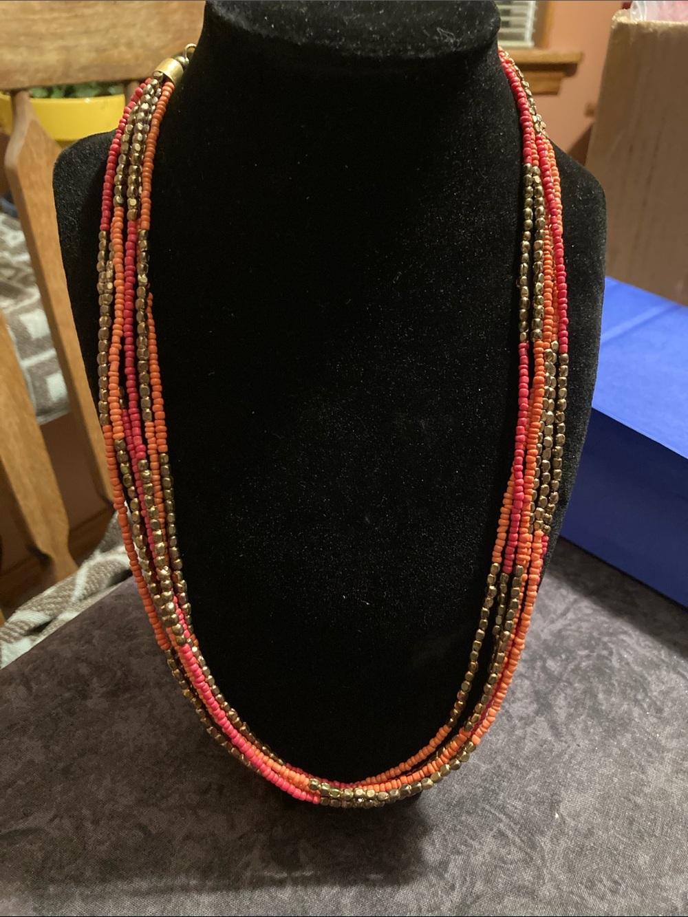 Multi-Strand Coral and Gold Colored Beaded Necklace